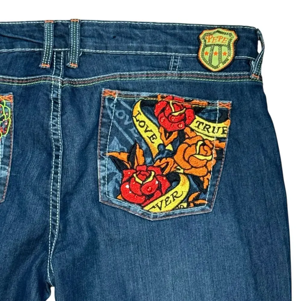 Pepe Jeans Dark Wash Jeans Womens Straight Rose Embroidered 5 Pocket Denim Sz 34